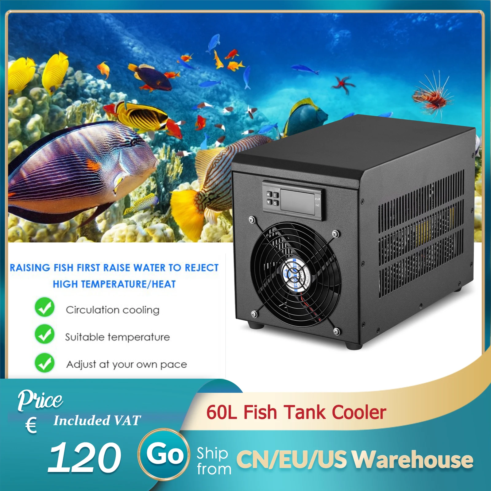 

Aquarium Water Chiller 60L Fish Tank Cooler Heater System 5-40℃ Constant Temperature Device 180W Sustainable Refrigeration