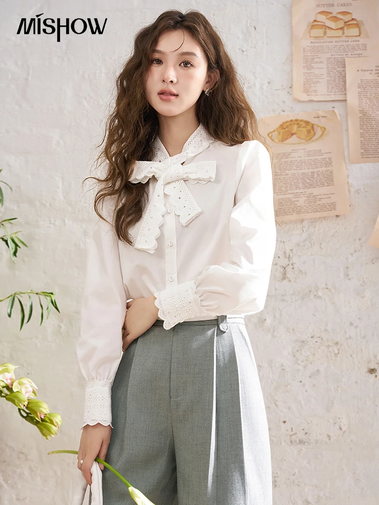 MISHOW Белая рубашка с кружевным бантом 2024 весенняя однобортная внутренняя милым