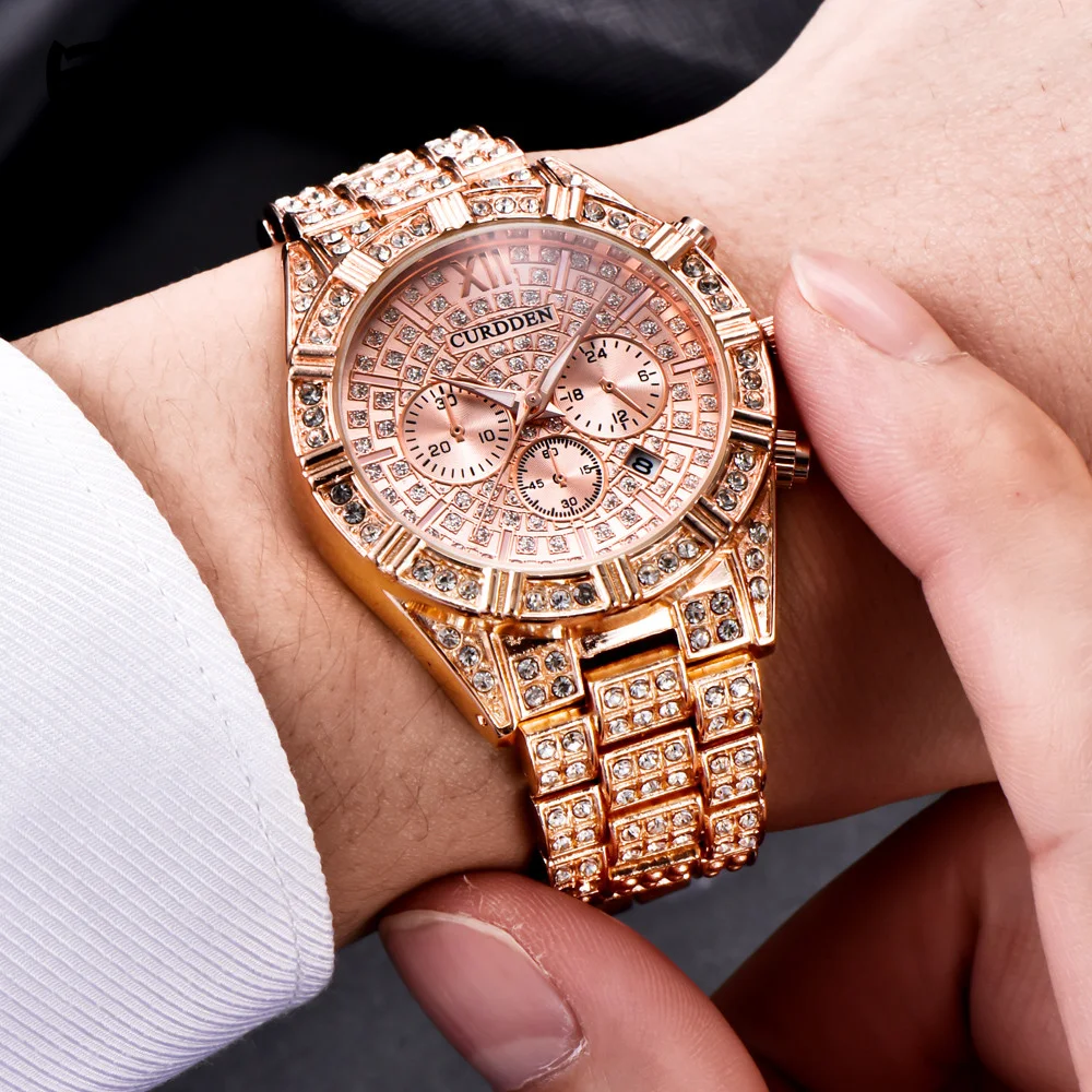 

Mens Watches Luxury Hiphop Full Diamond Iced Out Watch Gold Color Watch for Men Steel Strap Quartz Wristwatch Reloj Hombre