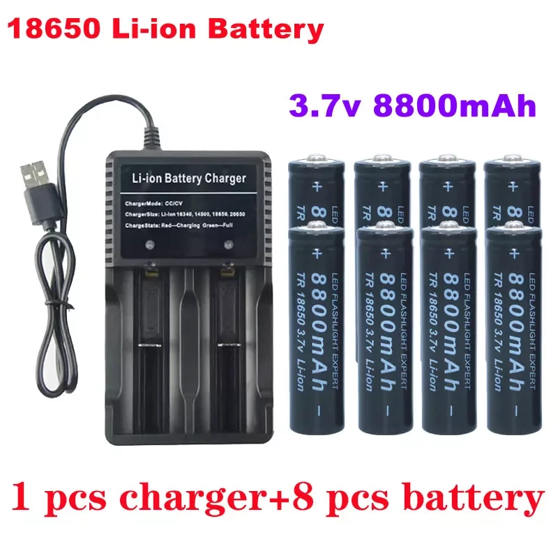 

NEW 3.7 V 8800mAh 18650 lithium ion rechargeable flashlight battery, equipped with USB plug, fast charging and stable charger.