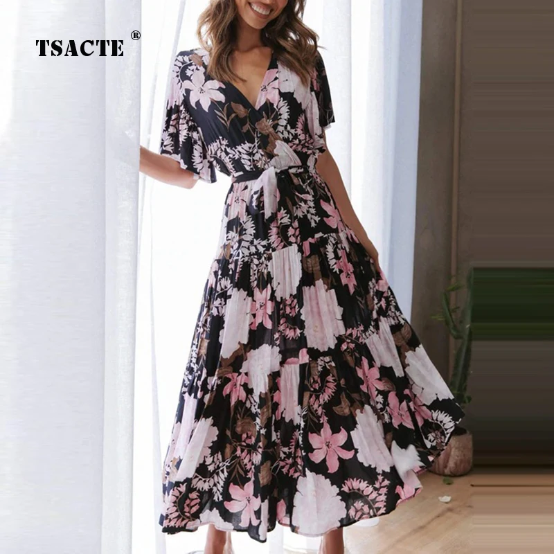 

Summer Women's Fashion Commute Bohemia Dress Casual Printed V Neck Short Sleeve High Waist Swing Dresses Ladies Elegant Vestidos
