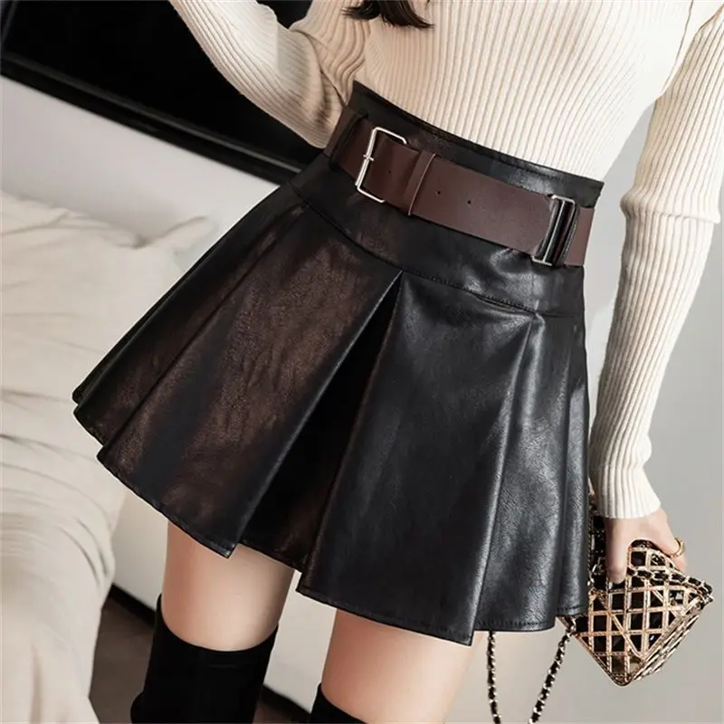 

Women Fashion PU Leather Elastic Wide Waistband Classic Stretch Pleated Skirt Ladies with Belt Pleated Skirt Saia Faldas X48