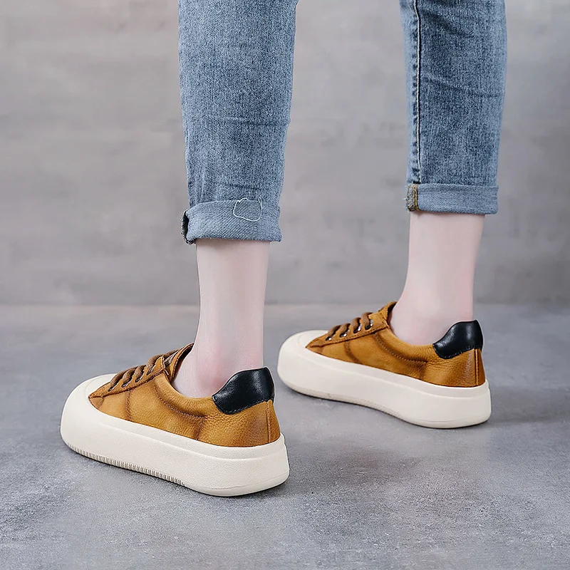 Autuspin 2023 Solid Color Cow Leather Women Sneakers Casual Flat Platform Ladies Four Season Lace-Up Shoes Outdoor Size 35-40