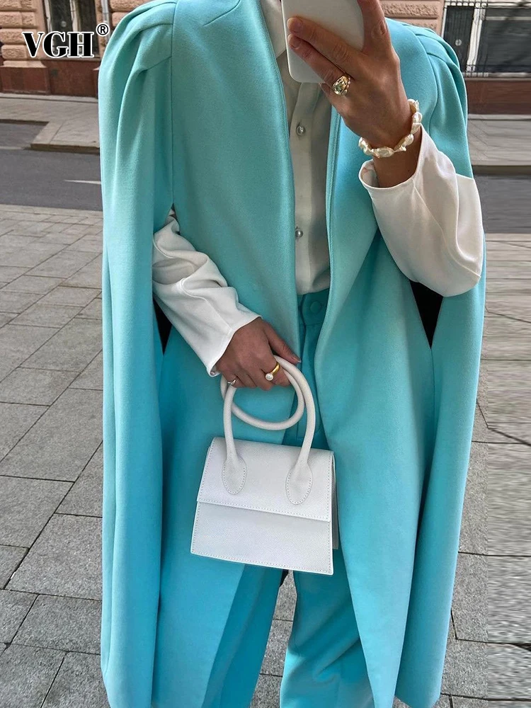 

VGH Cloak WoolBlends Coat For Women V Neck Sleeveless Ruched Solid Minimalsit Casual Winter Coats Female Fashion Clothing 2022