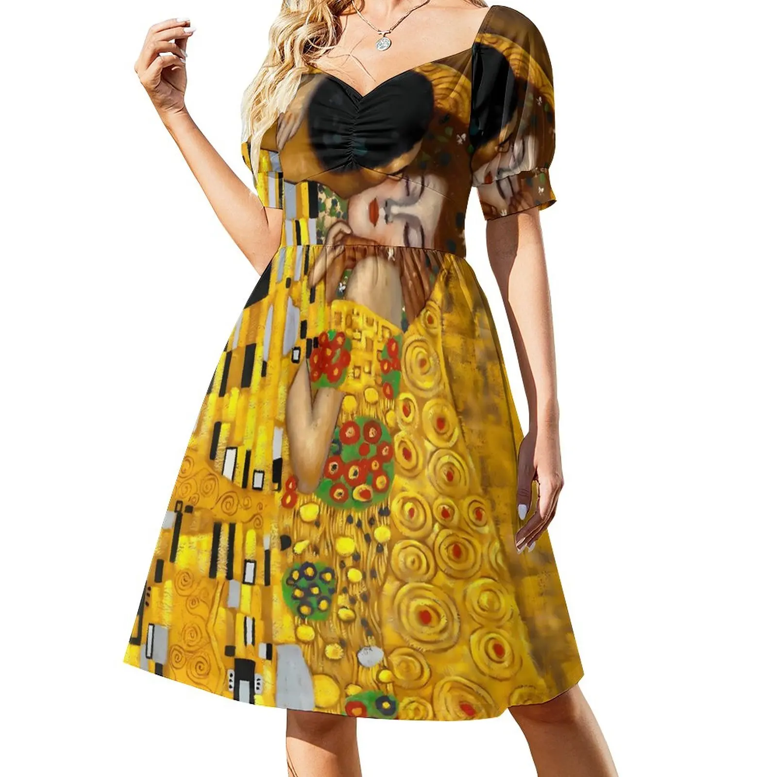 

Gustav Klimt Casual Dress The Kiss Art Aesthetic Dresses Kawaii Dress Female V Neck Oversized Vestidos