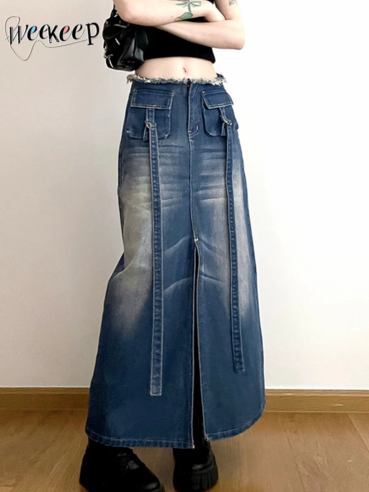 

Weekeep Streetwear y2k Denim Long Skirt with Slit Harajuku Pocket Stitched Low Rise Maxi Cargo Skirts for Women 2000s Aesthetic