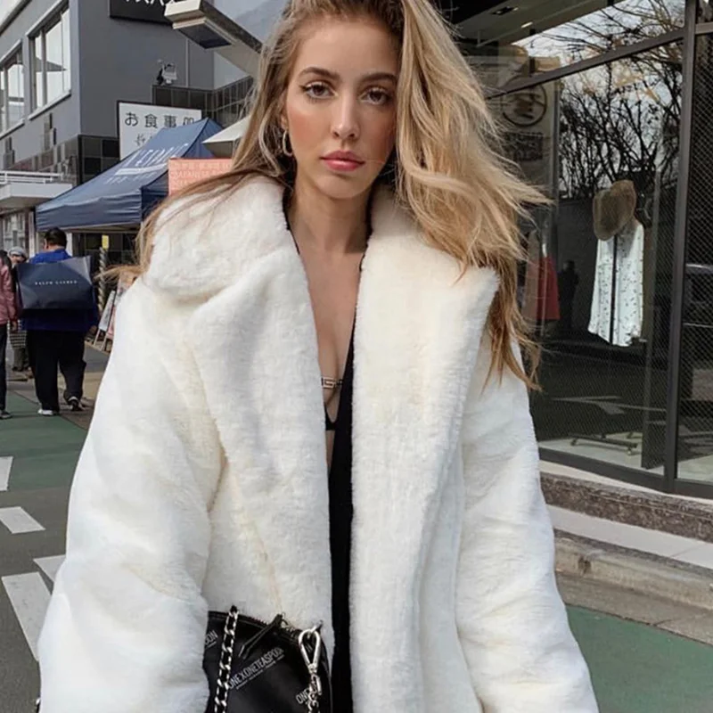 Winter Loose Lapel Faux Fur Thickening Warm Plus Size Long Plush Coat Women's Faux Rabbit Fur Coat Extended Knee Length Fur Coat