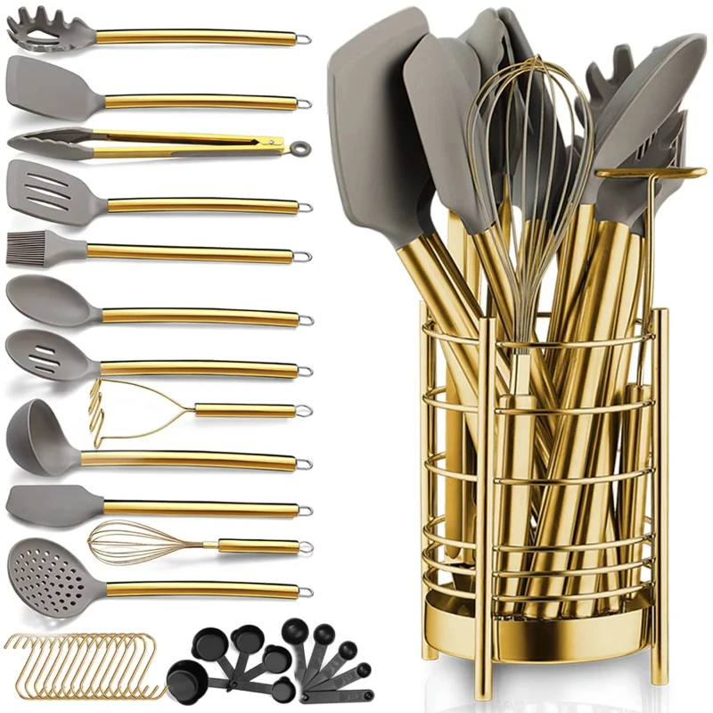 

Gold 38 Pieces Silicone Kitchen Utensils Set With Sturdy Stainless Steel Utensil Holder