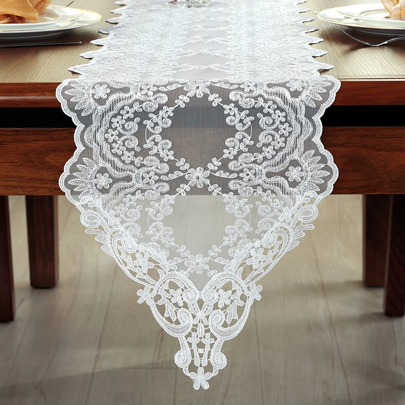 

White Floral Lace Table Runner Black Table Cover Chair Sash for Banquet Baptism Wedding Party Table Decoration