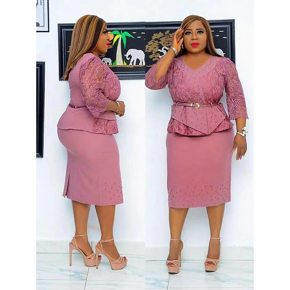 Plus Size Dresses Women's OL Commuter Style Dress Fake Two Piece Lace Beaded Pencil Skirt Slim V-neck Dresses For Women 2023