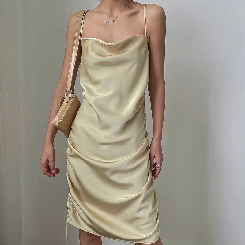 

Summer women's casual solid color open back slim suspender dress