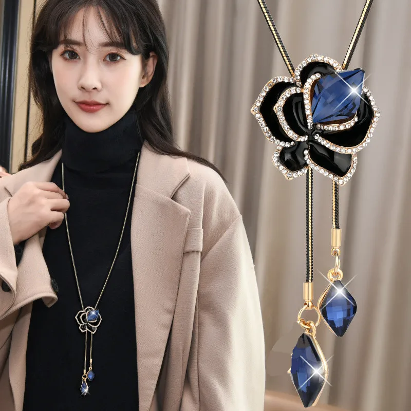 LWMMD Zircon Swan Long Necklace Sweater Chain Fashion Metal Crystal Flower Pendant Necklaces Adjusted on - Цепочка для свитера с длинным ожерельем из циркона и лебедем, модный металлический кристальный цветок подвески, ожерелья с регулируемой длиной.