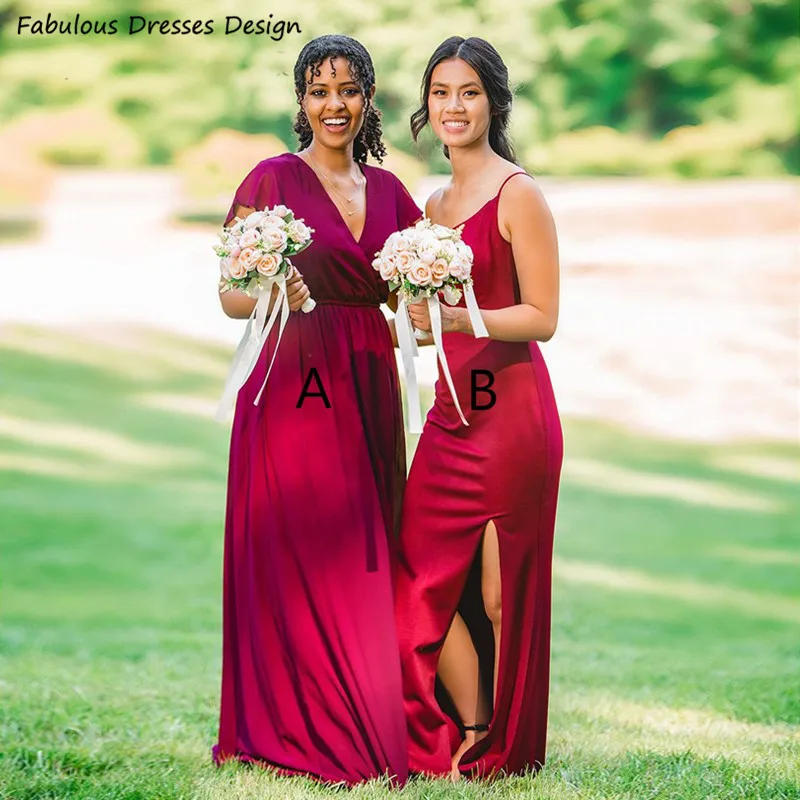 

Burgundy Chiffon A-line Bridesmaid Dresses Long V-neck Cap Sleeve Wedding Party Dress For African Nigerian Women Maid Of Honor