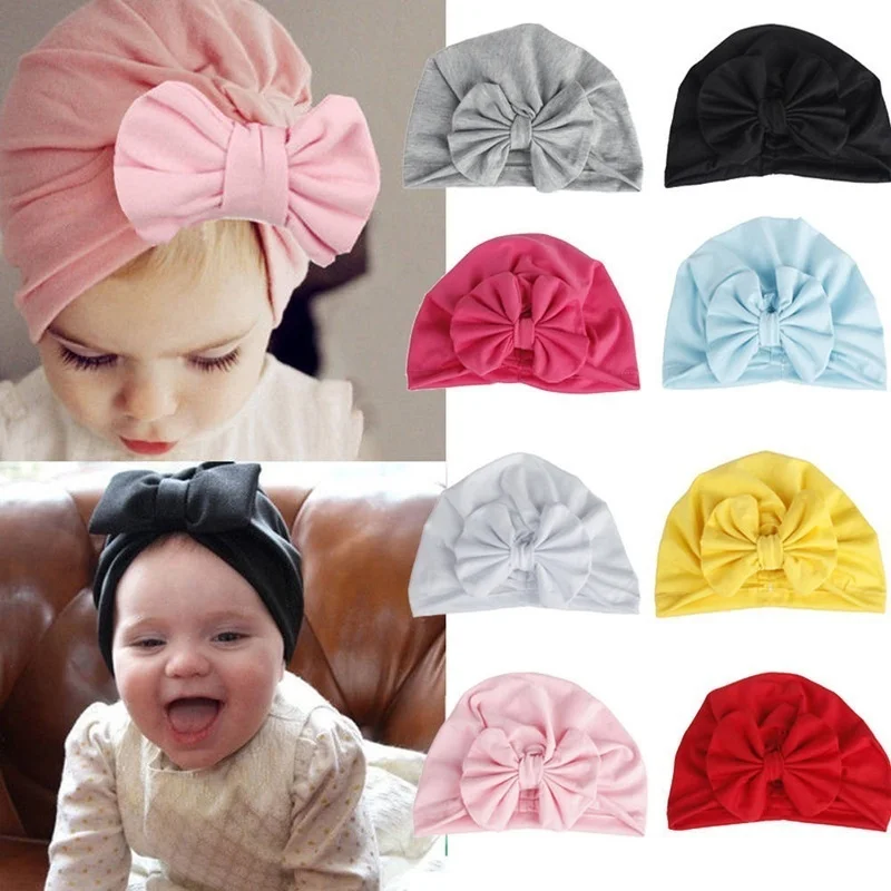 

Toddler Girls Boys Baby Child Cap Bowknot Solid Color Stretchy Turban Hat Hair Head Wrap Cap Mushroom Hat