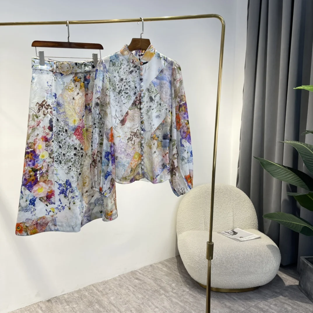 

Женский комплект из блузки и юбки, элегантный комплект из блузки и Юбки миди из высококачественного льна и рами с цветочным принтом и воротн...