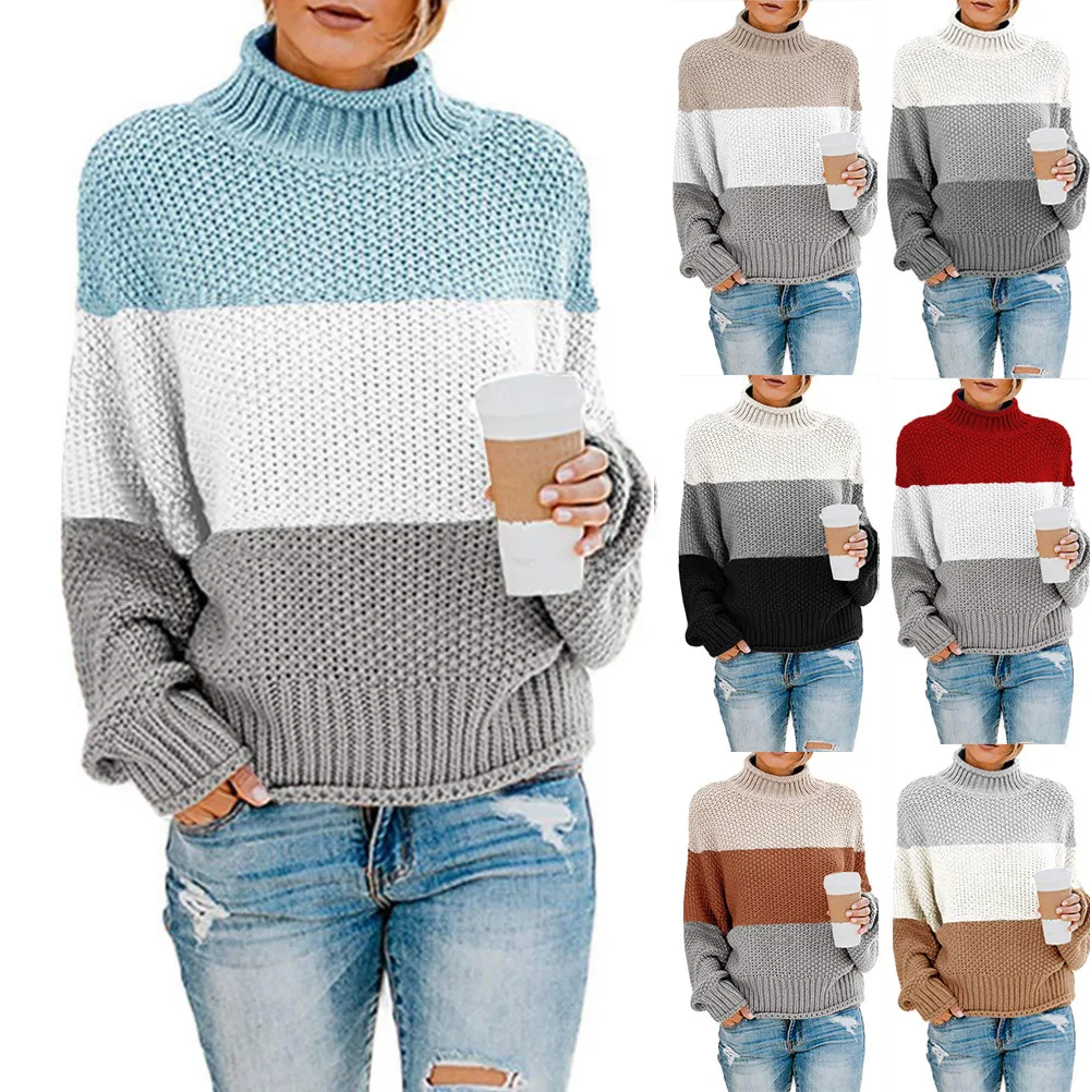 

Women Clothing Pullover Autumn and Winter New Long-sleeved Sweater Half Turtleneck Striped Matching Color Loose Sweater Woman
