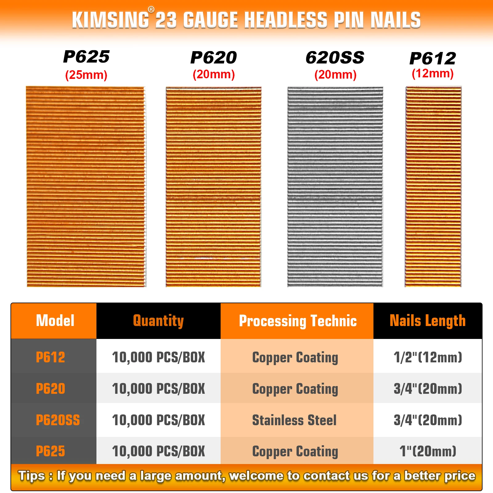 P625 P625SS Цвяхи без головки калибр 23 длина ножки 1 дюйм (25 мм) крепежные детали для