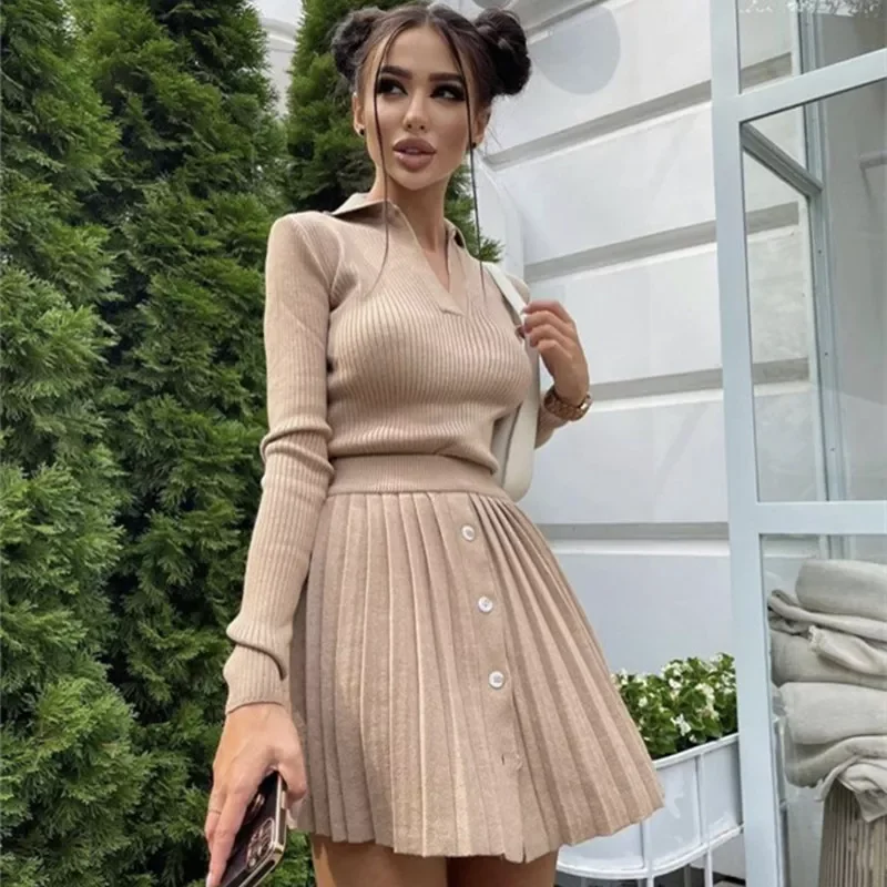 

Новинка WJFZQM трикотажная одежда с отложным воротником и длинным рукавом мини-юбка комплекты Женская плиссированная юбка комплект пуловеров...