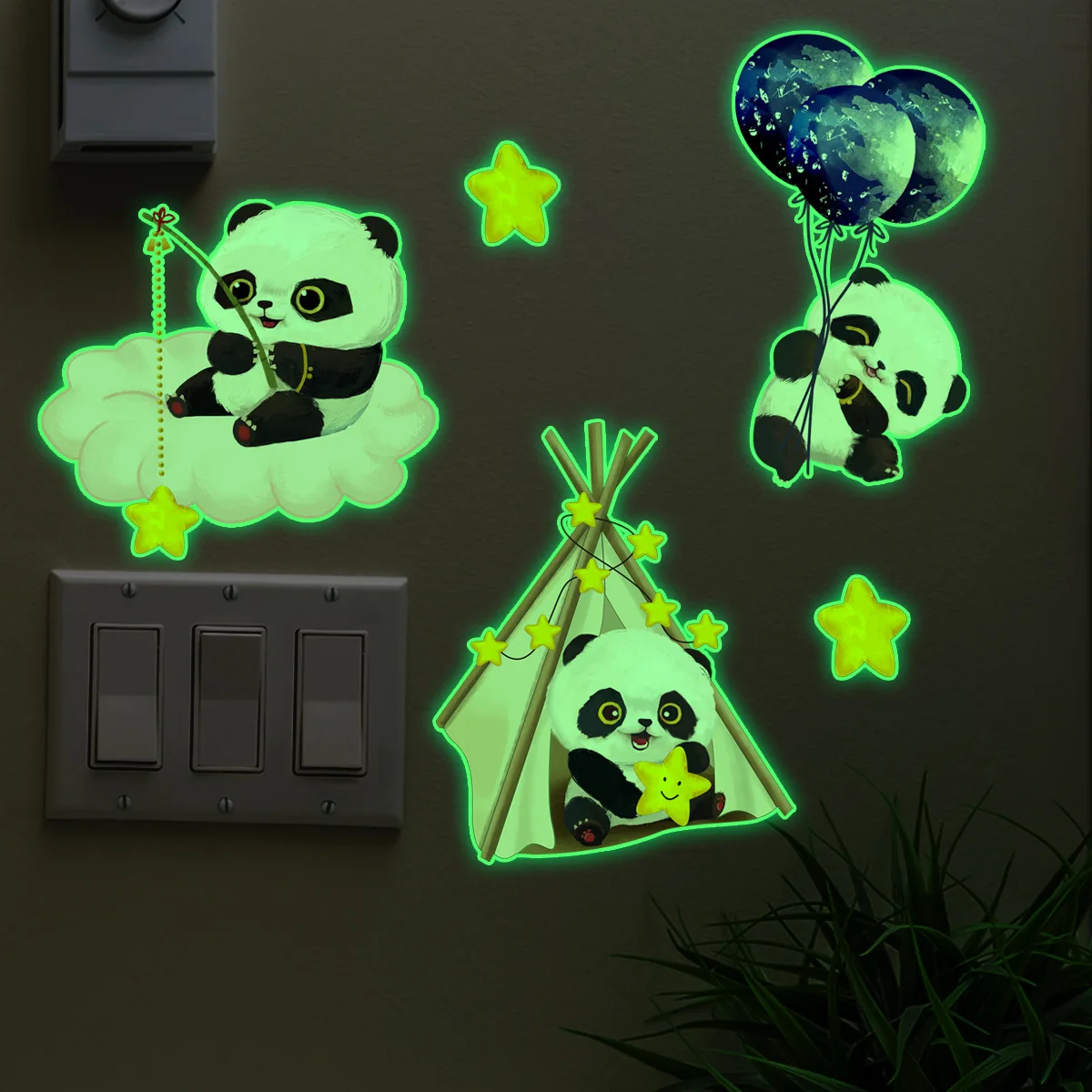 

Luminous Panda Balloon Star Wall Stickers Baby Kids Room Switch Decor Bedroom Home Decoration Glow In The Dark Removable Decals