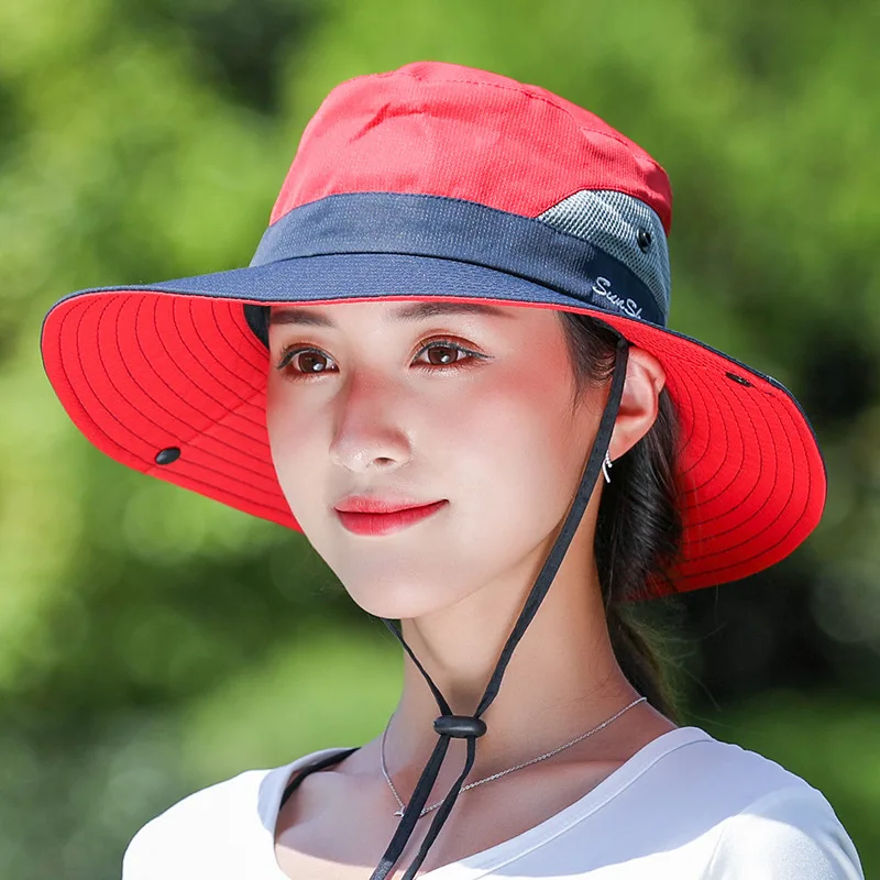 

Summer Women Bucket Hat Mixed Color Big Brim Hiking Hat Outdoor Mesh Travel Beach Sun Hat Sunscreen Ponytail Fishing Hat 9002