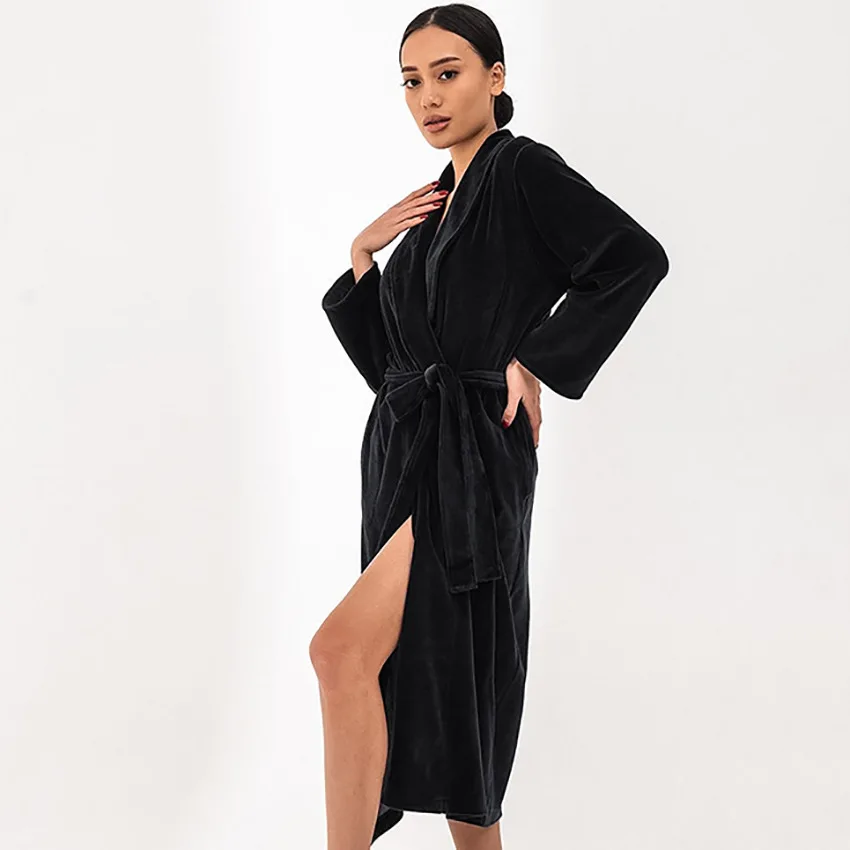 Autumn Velvet Long Nightgown Warm and Comfortable Solid Color Bathrobe Dressing Gown Fashion Simple Ladies Home Service
