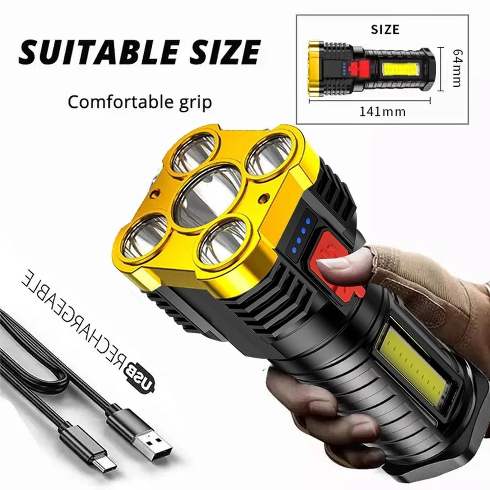 Super Bright Long Range Rechargeable COB Light 5LED Flashlight Waterproof Outdoor Multi-function Led Spotlight Built-in Battery