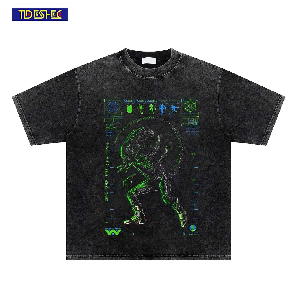 

Футболка в стиле хип-хоп с эффектом потертости, 2023, футболка в стиле Харадзюку С мультяшным принтом монстров, винтажные футболки большого размера, хлопковые топы унисекс, модная уличная одежда