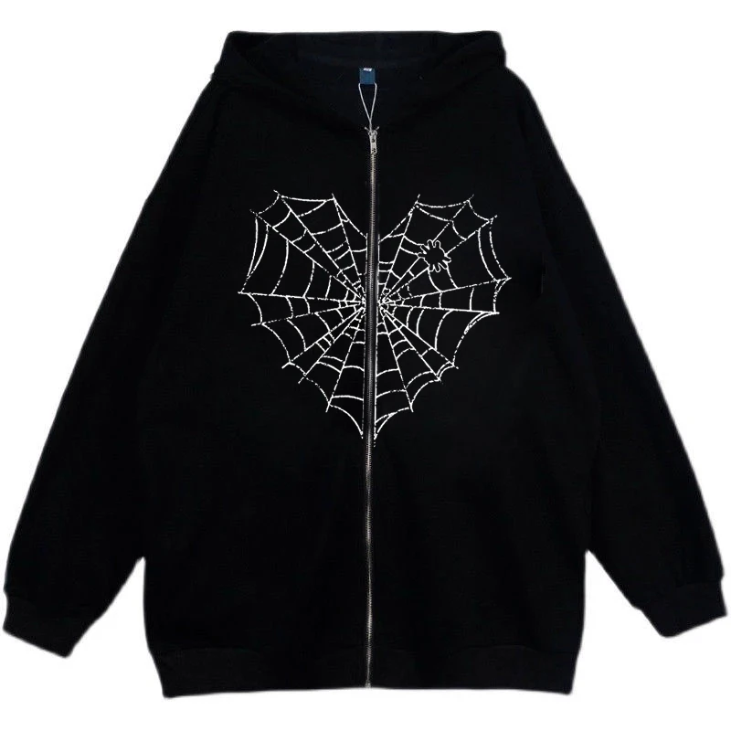 spider web print jacket y2k loose new retro long sleeve fleece zip hoodie halloween sports fashion couple |