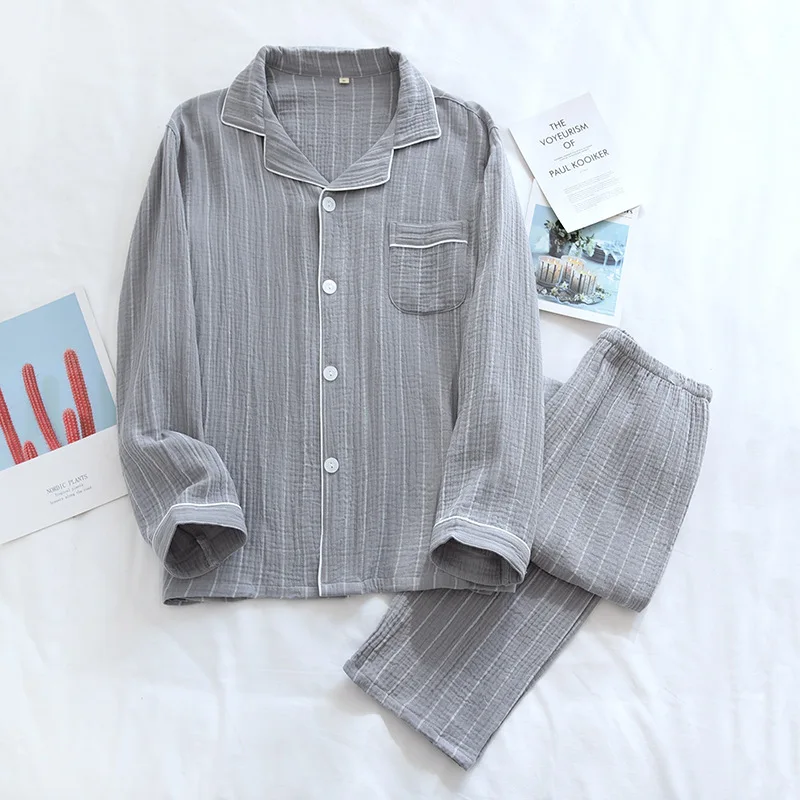 New Spring Summer Crepe Cotton Pyjamas Set 100% Cotton Soft Sleepwear Pajamas Set For Lady Stripe Pattern Pajamas Homewear