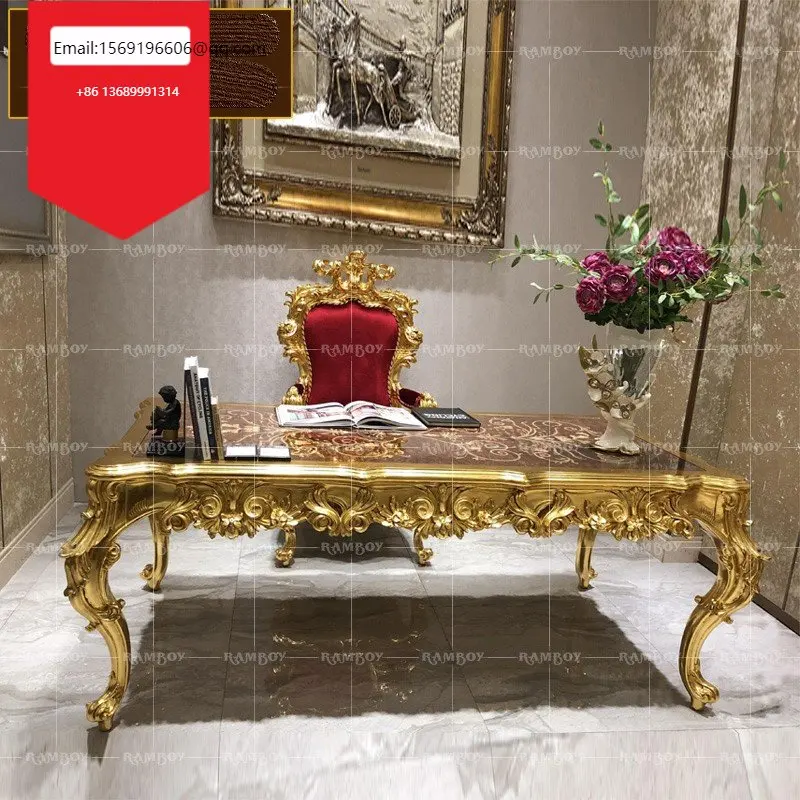 

Italian solid wood carved computer desk French luxury gold foil desk desk writing desk study furniture