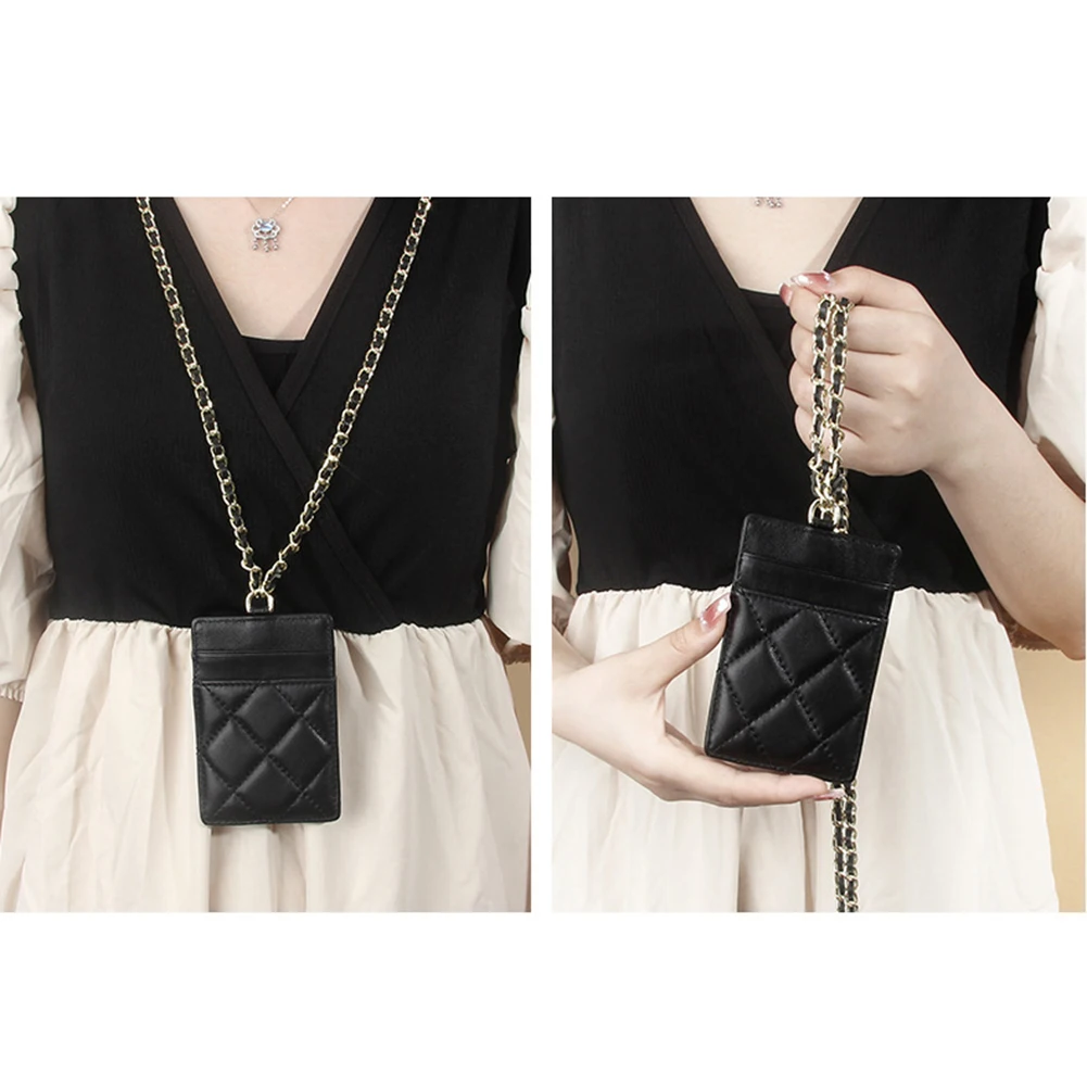 Women Korean Fashion Wallets Simple Bag Ultra-thin Sheepskin Mini Document Coin Purse Leather Hanging Neck Chain Shoulder Bag