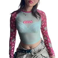 women spring autumn casual t shirt long sleeve floral printed see through patchwork crop tops