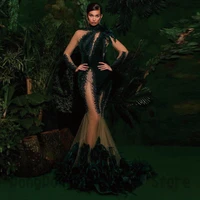 black sexy exquisitel evening dresses lace tulle 2022 feather open back formal dress wedding party gown for women custom
