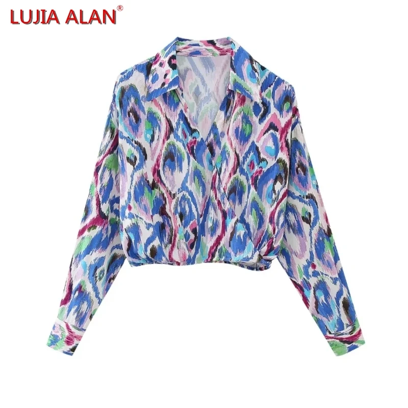 

Autumn New Women Geometric Printed Loose Short Blouse Female Turndown Collar Shirt Casual Long Sleeve Tops LUJIA ALAN B2203