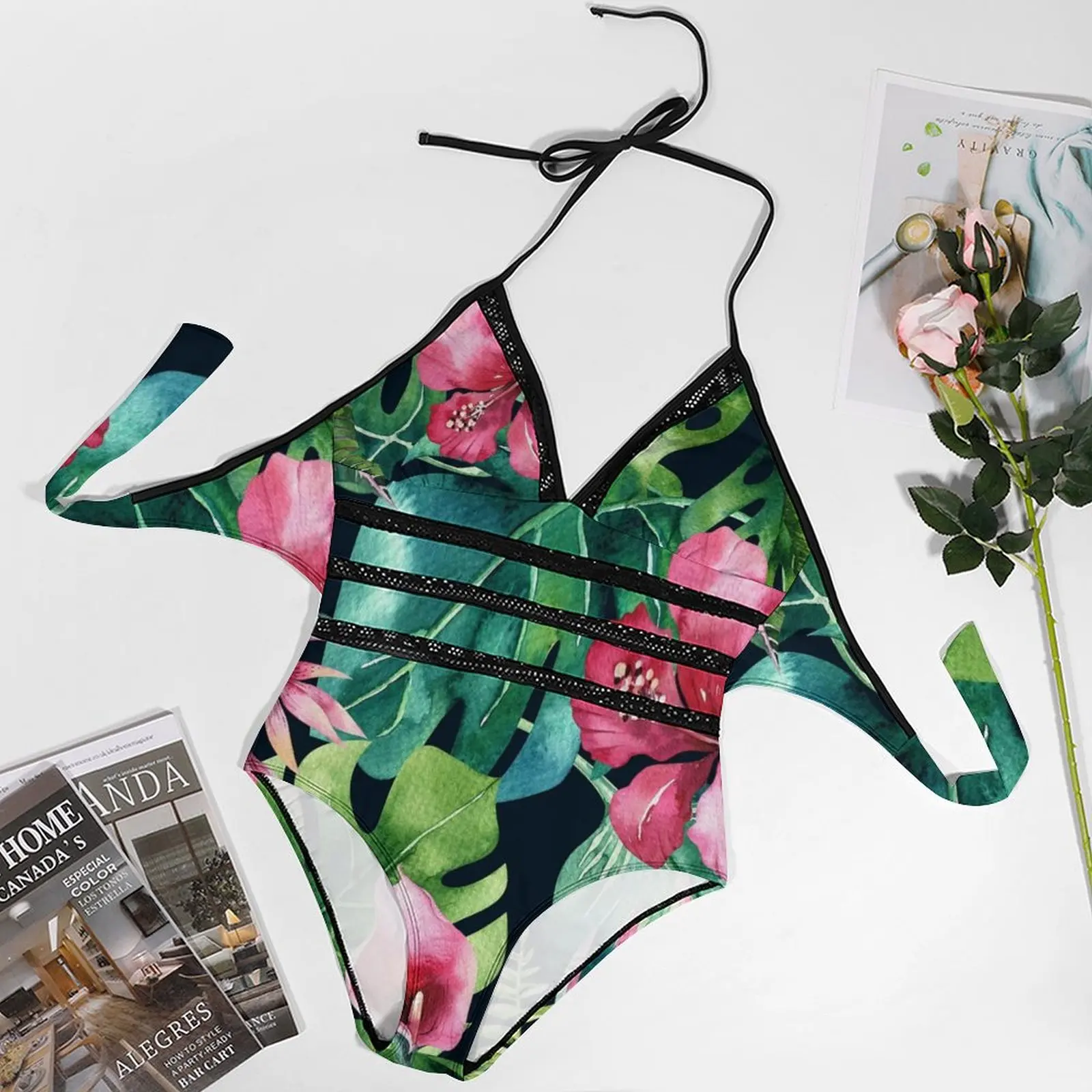 Купальник женский тропический с принтом листьев гибискуса и пуш-ап