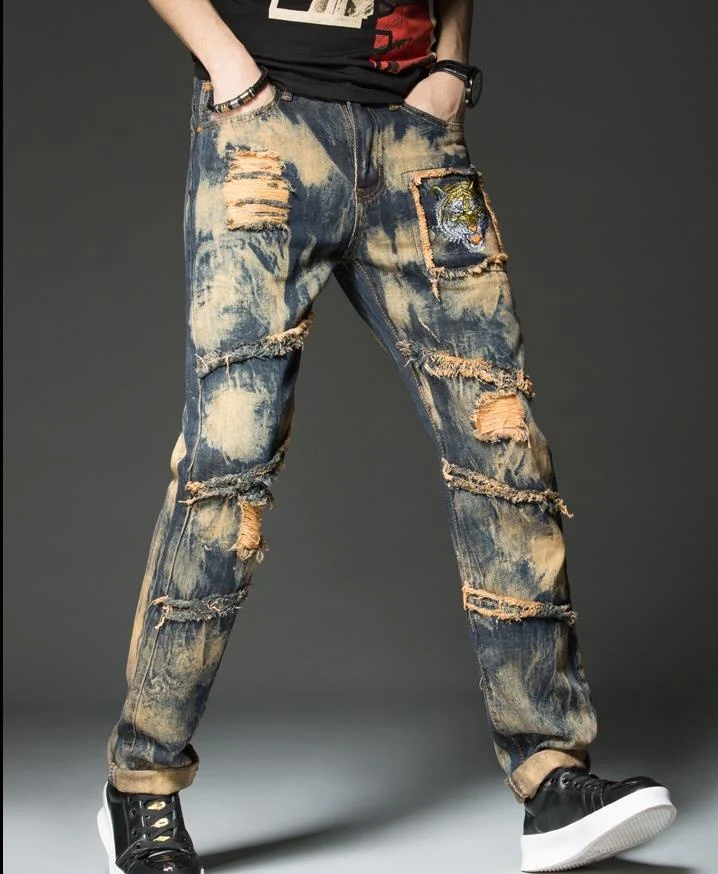 

Men's Tiger Embroidery Torn Vintage Slim Ripped Yellow Distressed Denim Straight Destroyed Hole Jeans Pants Size 29-42