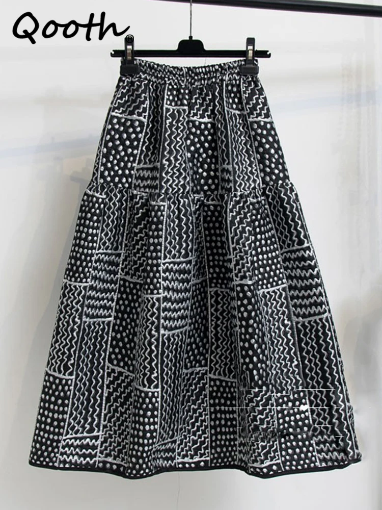 

Женская винтажная бальная юбка Qooth с 3D принтом, темпераментная длинная трапециевидная юбка с эластичным поясом для осени и зимы, QT2259