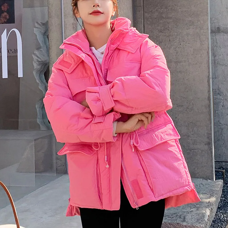 New Fashion 2022 Winter Parkas  Hooded Long Sleeve Solid Color Cotton-padded Warm Loose Jacket Women Fashion Outwear Coat