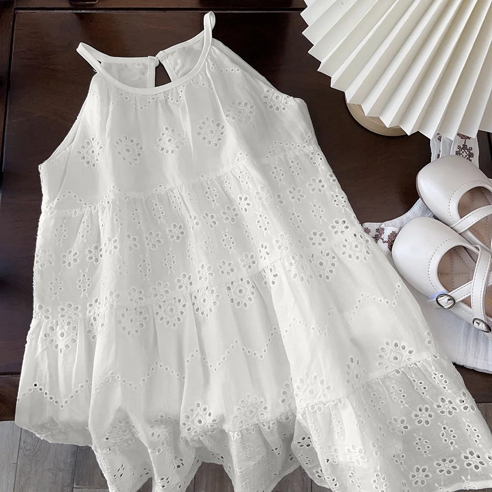 

2023 Summer Arrival Girls Sleeveless Halter Hole White Dress Roupa Infantil Menina Cute Dress Custume 3-7T