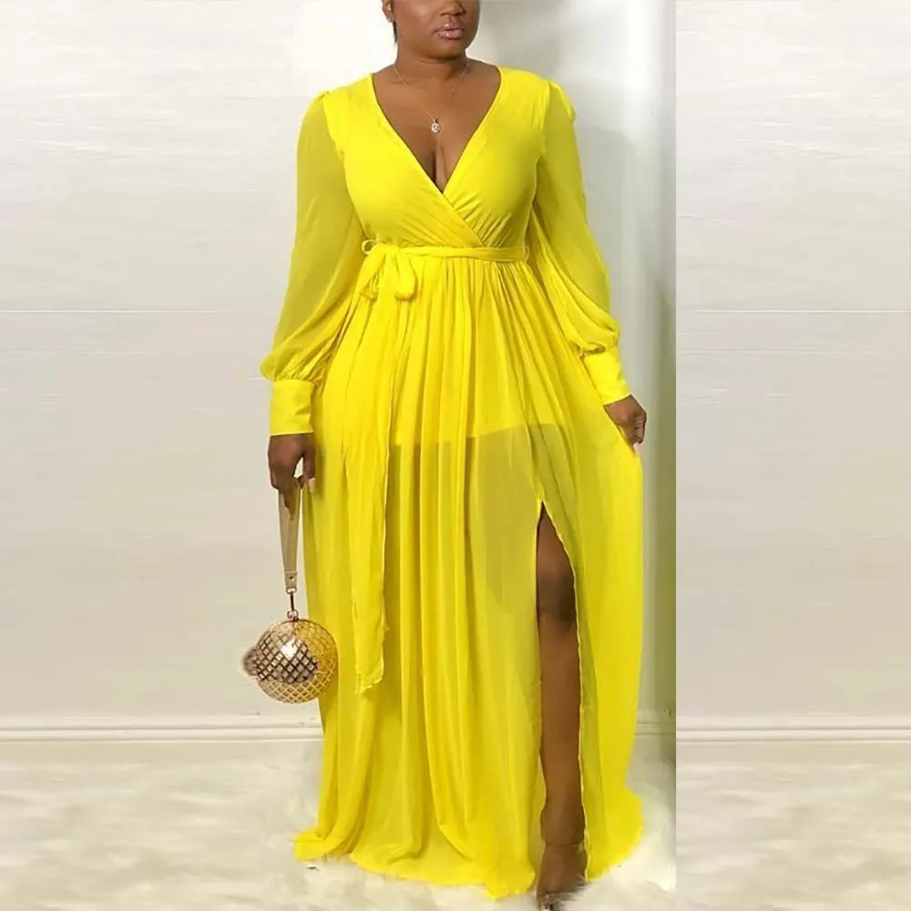 

Women's Dress Chiffon Split Dress Deep V Solid Color Sexy Waist Long Skirt Long Sleeve Spring Summer New 2022 Female Clothing