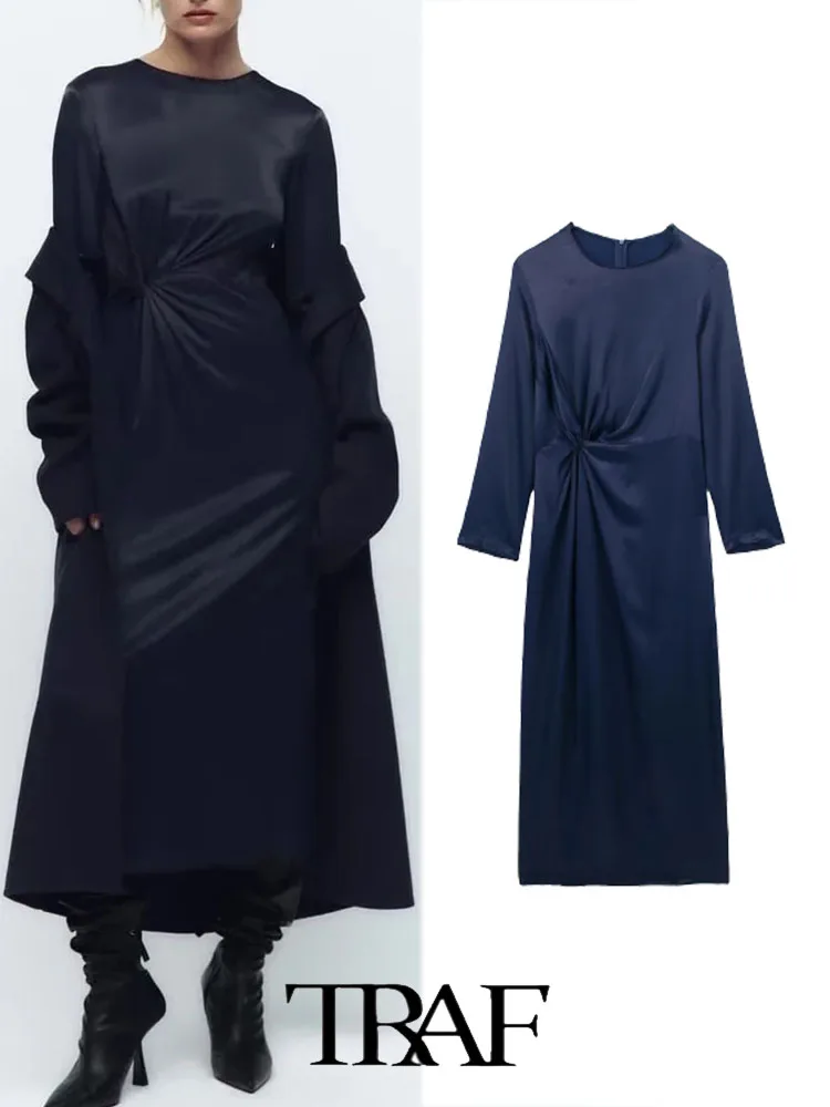

TRAF 2022 Women Dress Vintage New Fashion Knot Satin Slim Midi Long Sleeve Dress Woman Lady Female Dress