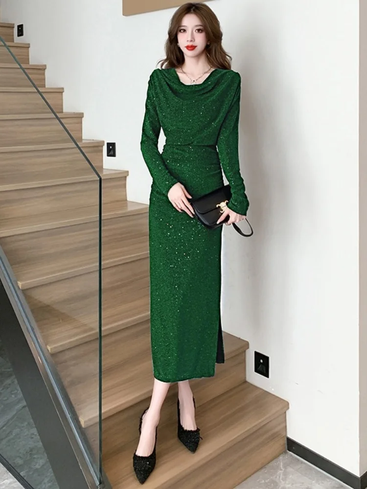 SMTHMA Новое осенне-зимнее дизайнерское плиссированное платье с разрезом на талии