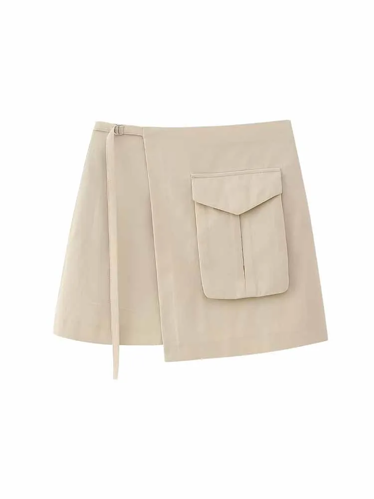 

BSK&ZA&TRF Women New Chic Fashion Pocket decoration Tooling style Shorts Skirts High Waist Zipper Female Skorts Mujer 7563/081