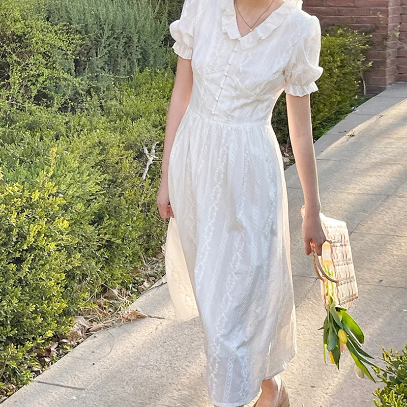 

Japanese Style Long White Dress Women Commuter Tulle Jacquard Ruffles Fairy Dress 2022 New High End Vintage Maxi Dress for Women