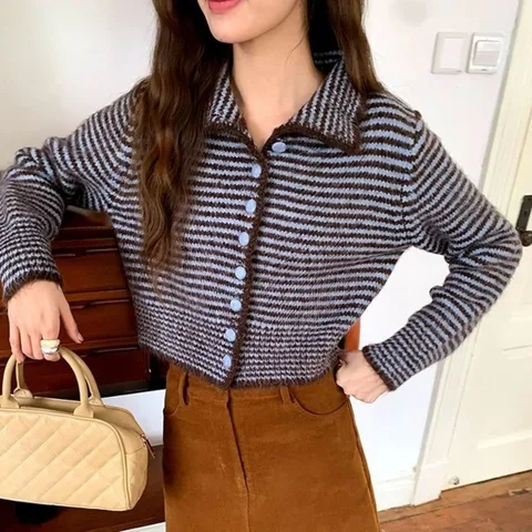 Neploe Короткий винтажный кардиган в полоску