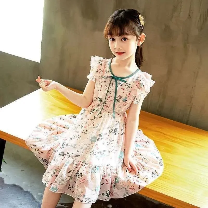 

New Girls Dress Summer Children's Clothes Chiffon Princess Dresses Girls Version of Western Style cool refreshing Floral Dresses