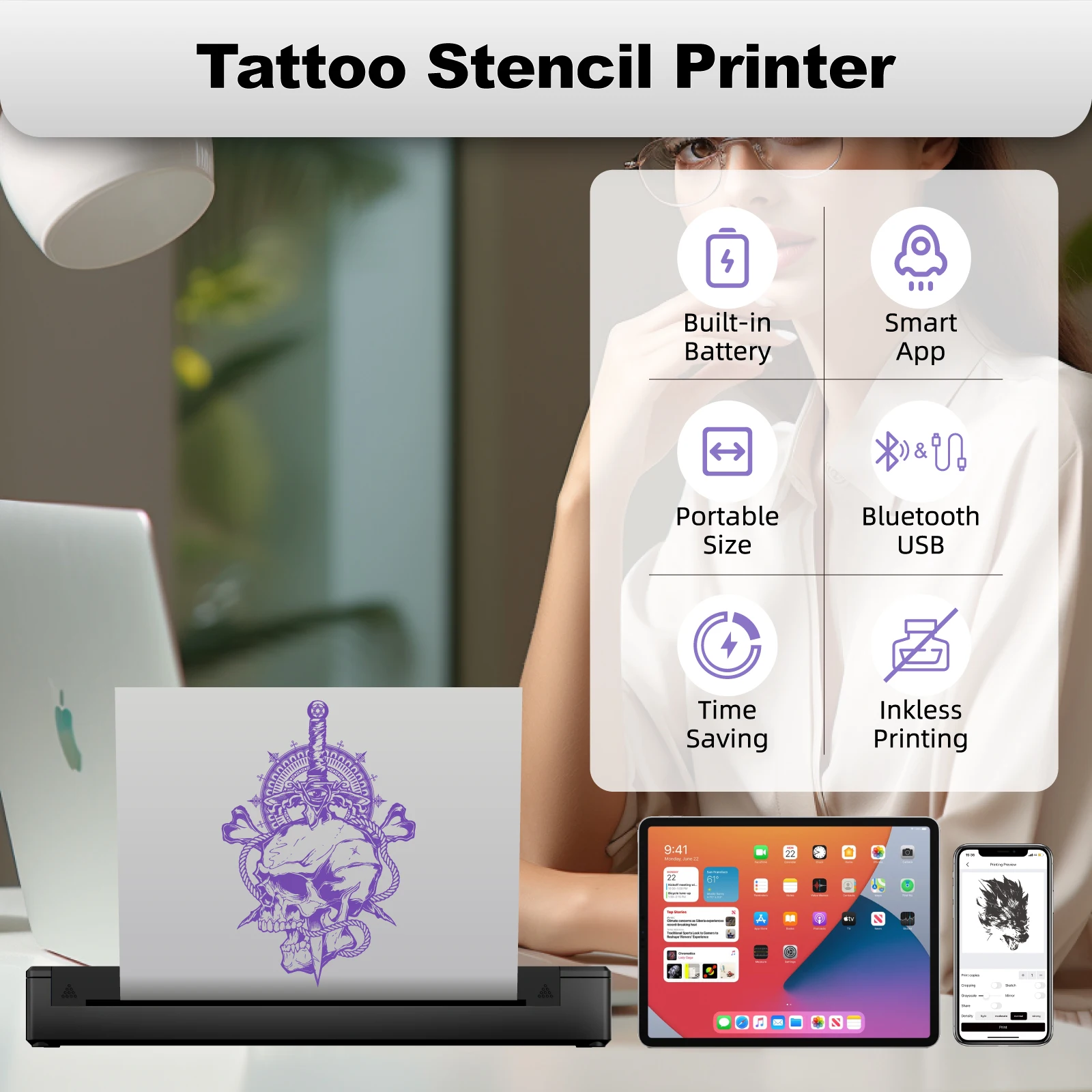 Фото MHT-Bluetooth A4 Size Thermal Tattoo Stencil Printer Portable Tattoo Stencil Printer Thermal Copier Transfer Machine Training №3