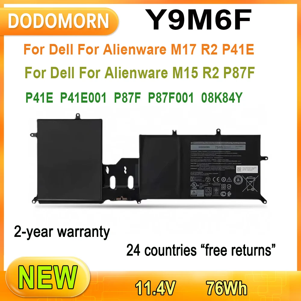 Новый аккумулятор для ноутбука Y9M6F Dell Alienware M15 M17 R2 P87F P41E 08K84Y YM9KC ALW15M C7XD9 R4958W D4505B D4746W