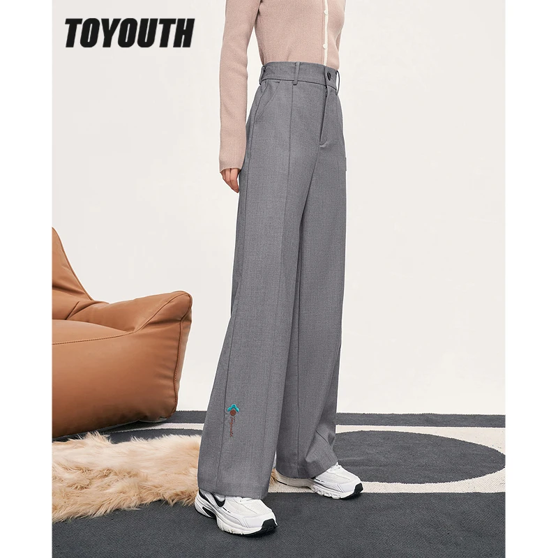 

Toyouth Women Pants 2022 Winter Back Waist Elastic Straight Loose Trousers Gray Warm Chic Casual Streetwear Long Suit Pants