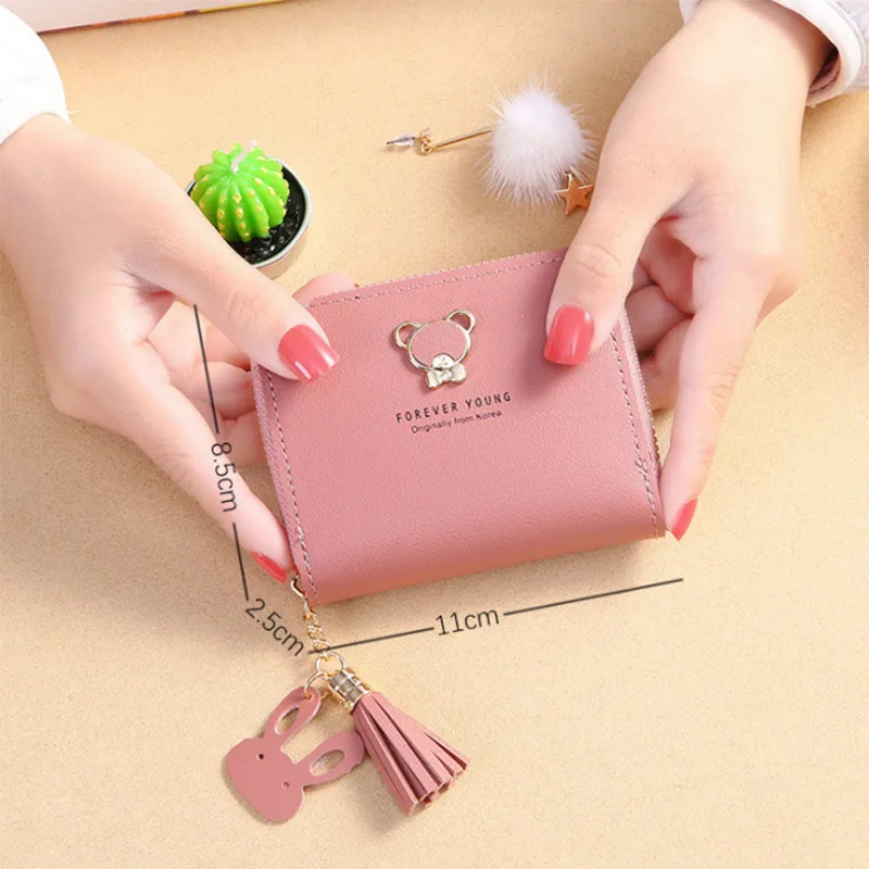 Кошелек-бумажник для женщин с монетницей 2021 короткий, милый медведь с молнией, мини-держатель для карт, кисточка, маленький женский.